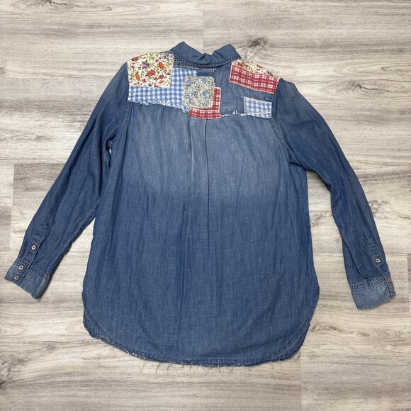 Boho Denim Patchwork Shirt Womens L Distressed Blue Applique Long Sleeve Western - Picture 7 of 10